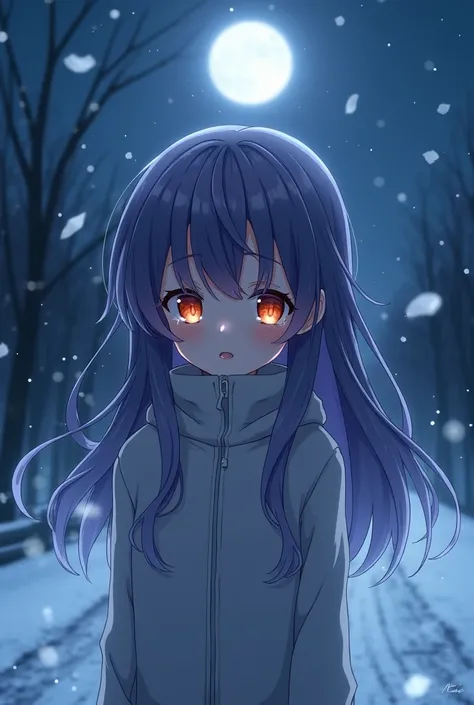 (Beautiful and cute girl)（Sparkling orange eyes) (cry)     
 (High nose) (Wear white skin) (Long purple hair)
(nighttime)(moon)(road)(It&#39;s snowing)