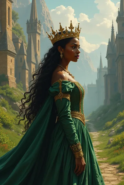 modelshoot style, (extremely detailed CG unity 8k wallpaper), full shot body photo of the most beautiful artwork in the world, medieval queen, green vale, dark skin, black woman, golden crown, diamonds, medieval architecture, professional majestic oil pain...