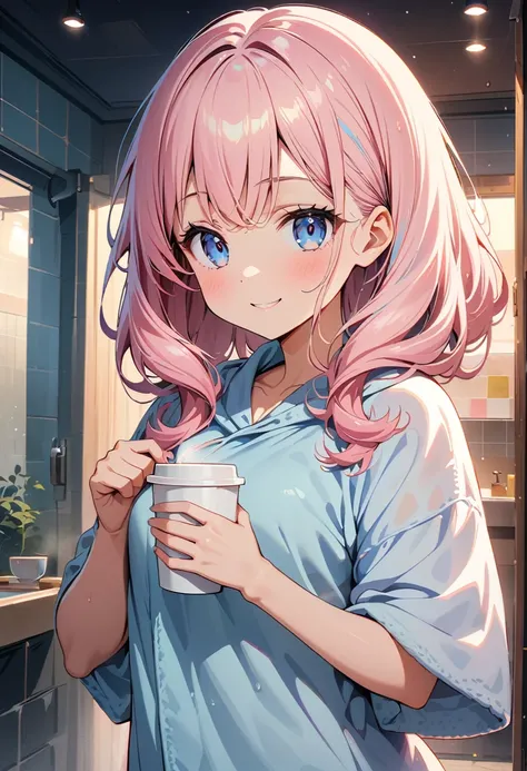 Best Quality, Super detailed, (Ultra-high resolution,8k), Ultra-high definition 4K,  Anime style, a teenage girl with pink hair and big, blue eyes, standing in a steamy bathroom, wearing a cute animal-shaped towel, smiling, holding a cup of tea, pastel col...