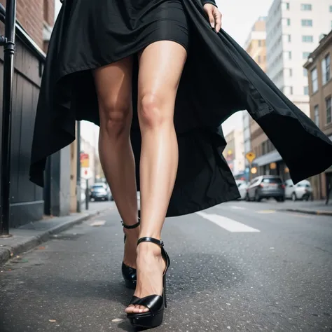 Black High heels, Black long dress, Street walking woman, Extreme close up of feet, Inspired by the Sonny Clark "Cool Struttin", A photo that record jacket design of Sonny Clark "Cool Struttin", (masterpiece), (best quality), (super detailed), 