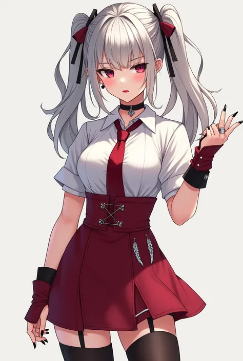 Anime girl, elegant, silver hair, twin tail, waist length, side swept bangs, red hair ties, burgundy lipstick, silver stud earrings, black choker, white dress shirt, sleeves rolled up to elbows, red tie, black bracelet and armband, black nails, silver ring...