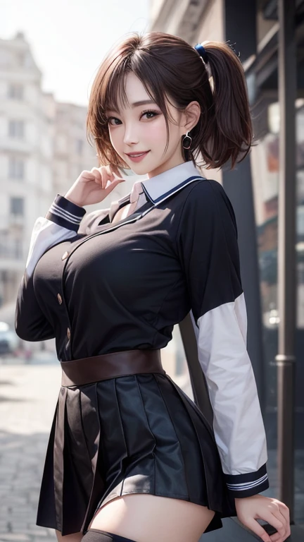 Jiuchuandef,Twin tails,uniform,Black sailor long sleeve,skirt,Knee socks,jewelry,Earrings,Standing, Best Quality, Very detailed, masterpiece, Absurd,8k, photoRealistic, Realistic,Detailed skin texture,Detailed pupil,High resolution,Natural Light, One girl,...