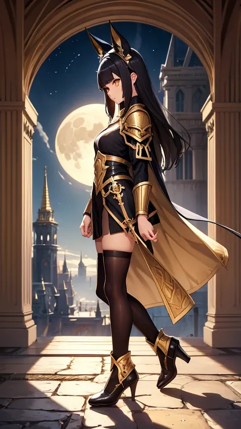 Woman profile,Only one person is depicted,Side view, Above the knees image,Full moon in the night sky, masterpiece, Best Quality, Straight black hair,Hair length down to chest, Cat ears, Golden Eyes, A dignified expression, A female warrior wearing black a...