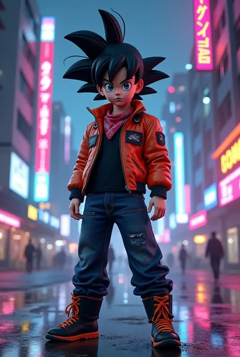 3d realistic portrait, neon, 1 boy, shonen style, spiky black hair , black and orange clothing, leather jacket, jeans, boots, bandana, cool, blue eyes, full body, color --name Son Goku--night background city with futuristic buildings and holograms