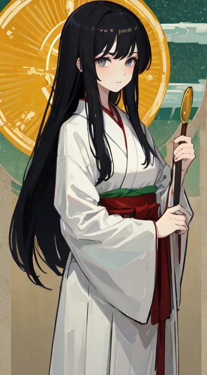 god功皇后　2 woman、Tarot Anime Style　Cartoon images of women　Wearing a white kimono and hakama、Possessing ornaments befitting the imperial family of ancient Japan。　Elegant and dignified expression。Holding a scepter in both hands　The background is banknotes　Str...