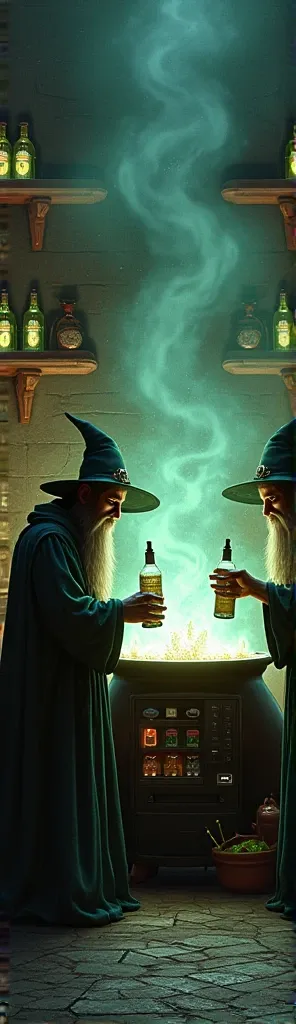 Two medieval wizards stand in front of a vending machine next to a giant cauldron and bottles of Mountain Drew on the floor.  (Filling the cauldron with bottles of Montain Drew)