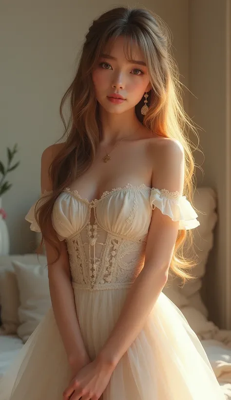 ภาพFull body, Masterpiece, Maximum resolution, 1girl, Full body, long straight hair, Golden brown hair with bangs, Big Breasts, Blushing, With cheeks, shy, Off shoulder dress, Skirt dress, Flared skirt, ดีไซน์ตัวละครFull body, Hair Ribbon, 3D rendering, Di...