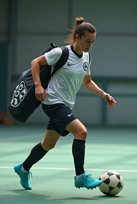 A person wearing a shirt, wearing a ball bag and holding a futsal ball and wearing turquoise futsal shoes 
