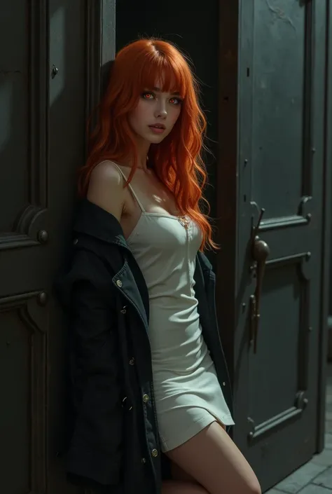 jungle juice manhwa board, a young woman, orange-red hair, she has long bangs that hide her left eye, mid-wavy, mid-length hair, she wears a close-fitting white dress, a black mans jacket on her shoulders, she has a seductive smile, her right eye is orange...