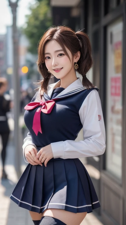 Jiuchuandef,Twin tails,uniform,Black sailor long sleeve,skirt,Knee socks,jewelry,Earrings,Standing, Best Quality, Very detailed, masterpiece, Absurd,8k, photoRealistic, Realistic,Detailed skin texture,Detailed pupil,High resolution,Natural Light, One girl,...