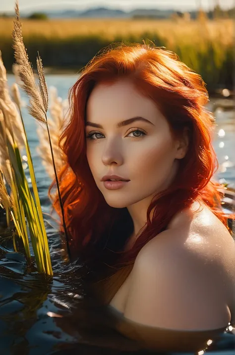 (masterpiece,best quality, ultra realistic,32k,RAW photo,detail skin, 8k uhd, dslr,high quality, film grain:1.5), close up portrait of a cute woman bathing in a river, reeds, (backlighting), lens flare, shade, bloom, [[chromatic aberration]], by Jeremy Lip...