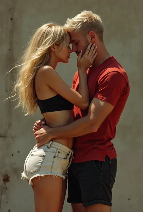 a woman with long blond hair. yet a black crop-top and white shorts. bare foot. above a man with short blond hair of short stature.bare foot. wearing a red t-shirt and black shorts. her thighs between his waist. his hand over his mouth.