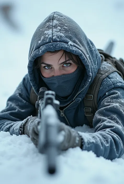 8k, detailed, wintersoldier woman, sniper, laying in snow