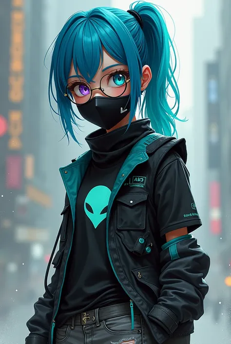 Female girl with blue hair with a big bright teal strip in hair with glasses with heterochromia eyes one Navy blue eye and the other purple eye. With a black and teal mask covering mouth. Wearing a black vest with a black shirt with a bright teal alien on ...