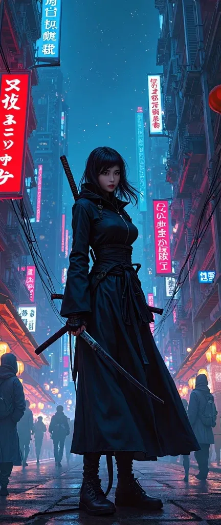 anime artwork moebius, druillet inspired heavy metal art, a female ninja standing proud in the middle of a neon-lit futuristic city at night , high-tech metropolis, traditional markets, the contrast in colors and textures should be distinct surreal, dramat...