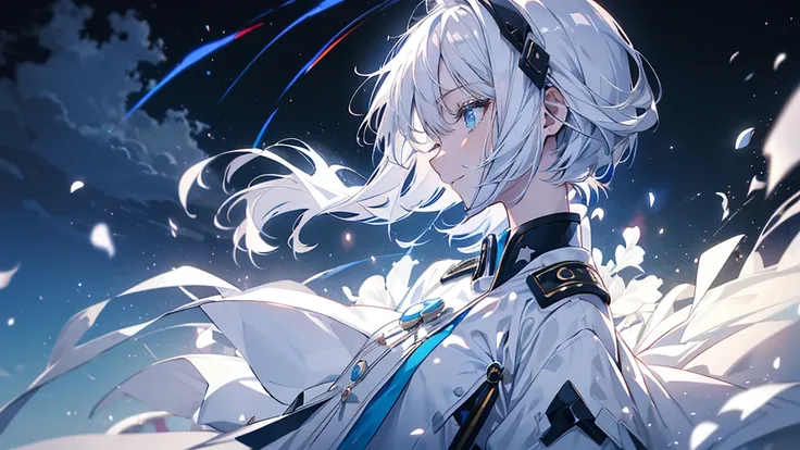 White military uniform、Walking with my head down、Pure white hair color、Short Hair、Picture taken from the side、（Eyes closed）、A pulsating blue aura floats around it.、(solo)、Beauty、woman、Starry sky and moon background、Facing right。smile、Long Hair。