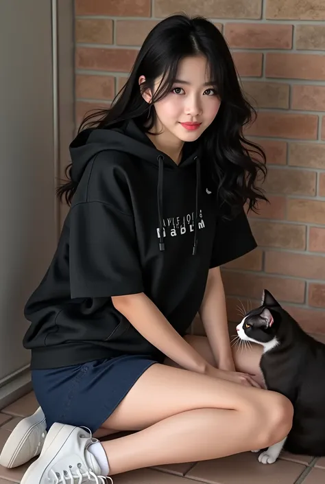 "K-pop style women&#39;Realistic image、Korean Beauty, length, ウェーブのかかったBlack Hair. The back wall is made of bricks、The cat approaches、She is sitting and stroking the cat&#39;s head、Smile a little、She has a black hoodie windshield over her head...、She is we...