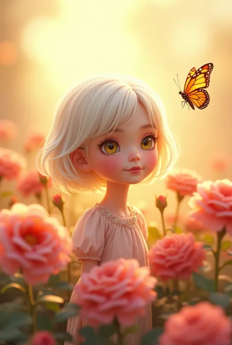 (Cute girl)（Yellow eyes)  
 (High nose) (Wear white skin) (White short hair)
(Rose Field)(The butterfly is flying.)(The sunlight shines)