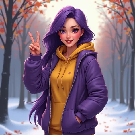 Adult Dora The Explorer in autumn clothes, unzipped purple jacket, no gloves, yellow hoodie underneath, long purple hair, makeup, smile, perfect eyes, perfect face, hand in pocket, showing peace sign, cold autumn background