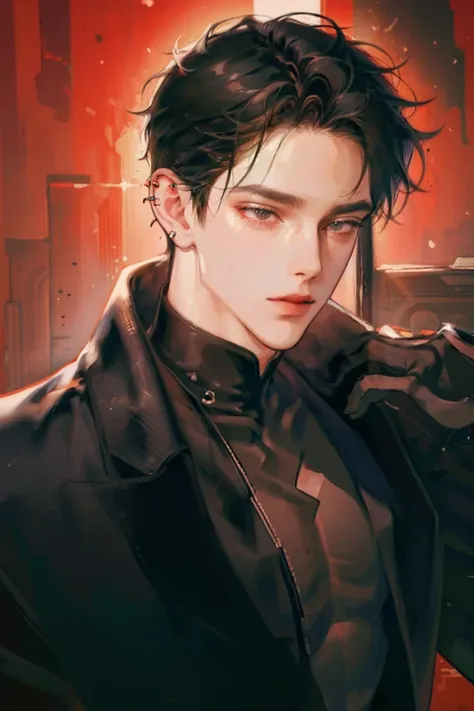 (masterpiece), best quality, seductive eyes, handsome face, mature, red pupils, messy long black hair, brown skin, long nose, black t-shirt, black trousers, full body, extremely tall man, anime cover, 1boy, ear piercings, adult-like look, manhwa character,...