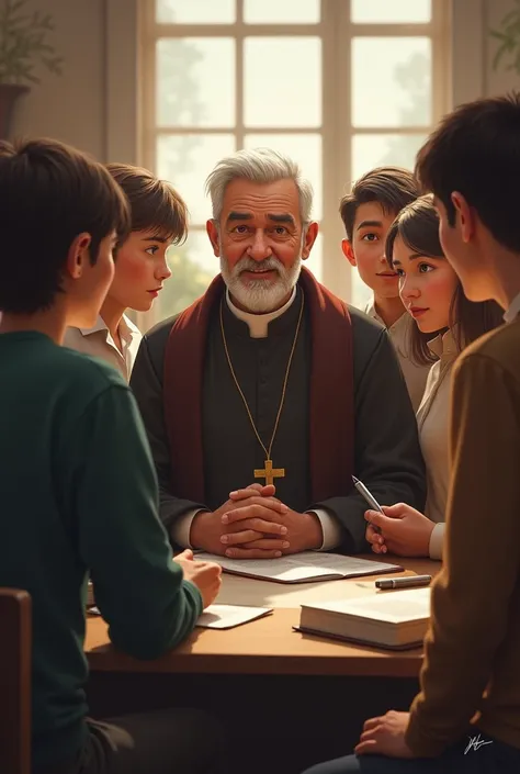 create an image where a priest is with a group of students 
