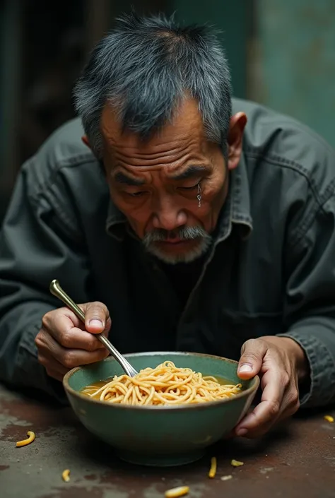 asian man in his 40 year old eating a bowl of noodles, tears streaming down his cheeks. in a shabby setting