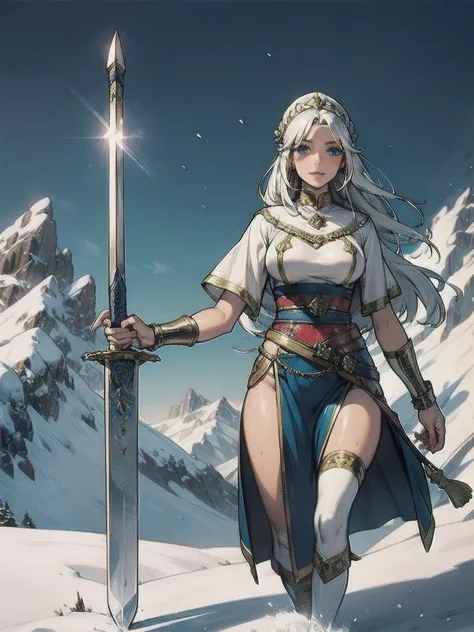 draw the sword of the snowy mountain, ancient women&#39;s cold ice flame sword, a sword blazing with blue flames in hand, white-...