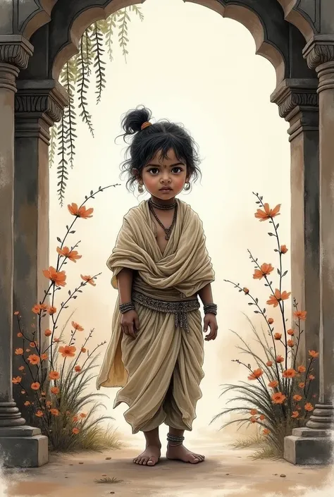 Ink painting style，The background is ancient India，child，Frontal
