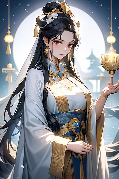 black hair, immortal, beauty, royal sister, stepmother, white taoist robe, golden phoenix coronet, hair bunch, mature woman