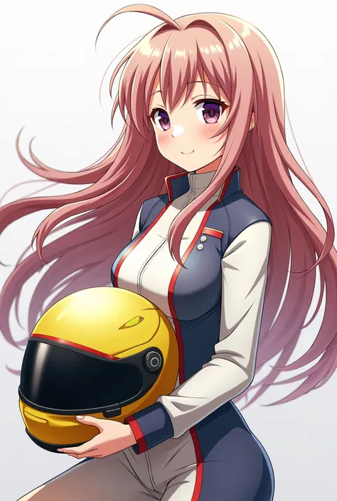 Viewed from slightly below、A racing girl with beautiful long flowing hair, Japanese anime style, Holding a helmet in one hand、Facing right.Shortcuts,The helmet is a yellow gradient,