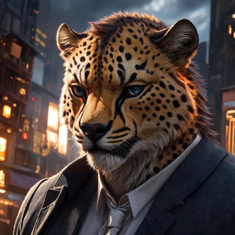 a bipedal male Cheetah, long tail button-up white tie, blue jeans, black shoes, height 60, smirking, (best quality,4k,8k,highres,masterpiece:1.2),ultra-detailed,(realistic,photorealistic,photo-realistic:1.37),highly detailed,intricate details,hyper realist...