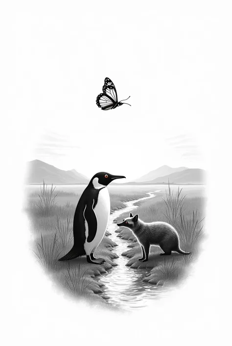 In a 10x20 space, create a realistic design of a penguin and a coati in the middle of the savannah with a stream downstream., and a butterfly flying through the air for a black and white tattoo 