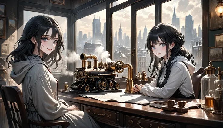 masterpiece。High image quality。Impressionist style。Oil painting style。Nihilistic smile。Steam engine。Brass pipe。Western Office。White hood。White。Long black hair。amount。Beautiful grey eyed woman。White skin。Crystal Jade。Sitting at an antique desk。The large win...