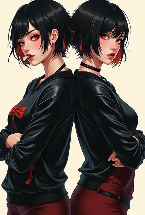 Digital drawing of a young woman, black hair with a streak of orange hair, a black leather sweatshirt with red, orange eyes, red lips, black boots, semi emo, anime style, with a lock of hair covering one eye, chewing gum, crossed arms, Chinese features, sh...