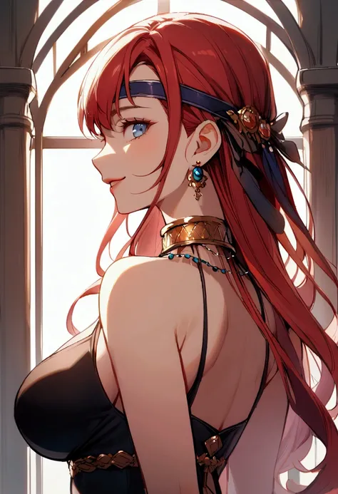 slender, mature female,1girl, solo, rating:safe, headband, blue_eyes, jewelry, long_hair, breasts, earrings, smile, red_hair, large_breasts, looking_back, open_mouth, dated, bare_shoulders, looking_at_viewer, neck_ring, upper_body, profile