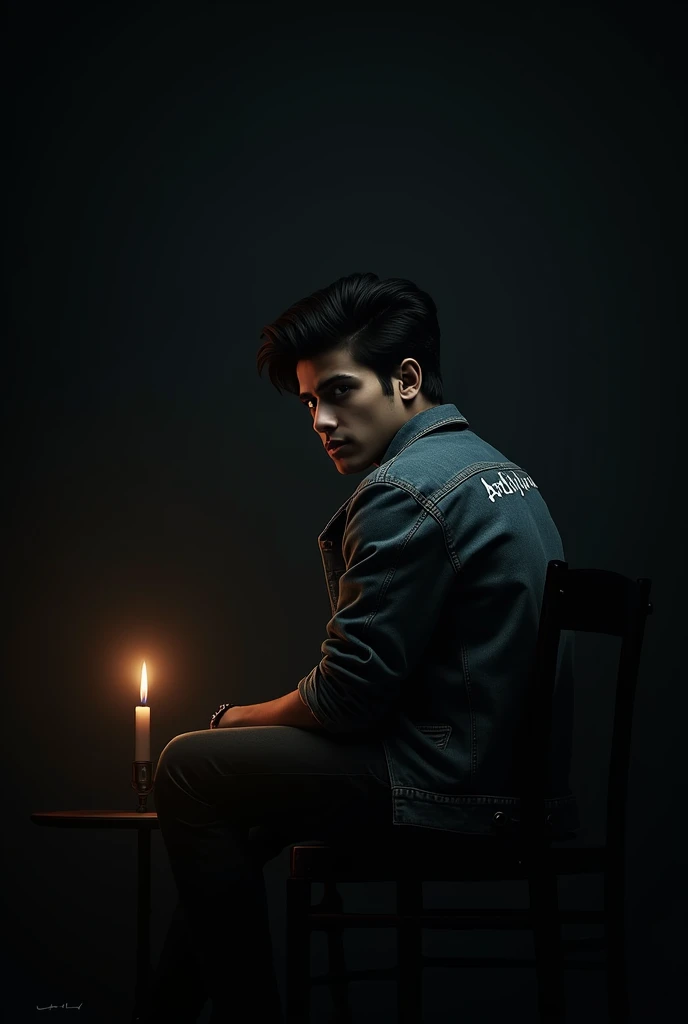 Create an AI image where a attitude boy sitting in the chair in front of candle watching camera and wearing a jeans jacket written Aditya background will be dark