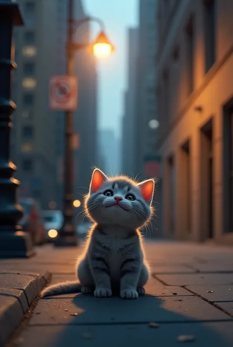 Picture of a small gray kitten crying on the side of a city street at night under a street lamp,crying tears of joy