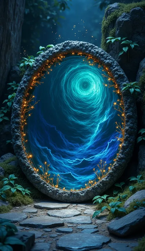 A circular mirror of obsidian stands against a rich lapis lazuli backdrop, surrounded by vines made of luminescent emerald tendrils. The mirror reflects a deep, swirling vortex of jewel tones—amethyst, sapphire, and teal—spinning like a portal to a magical...