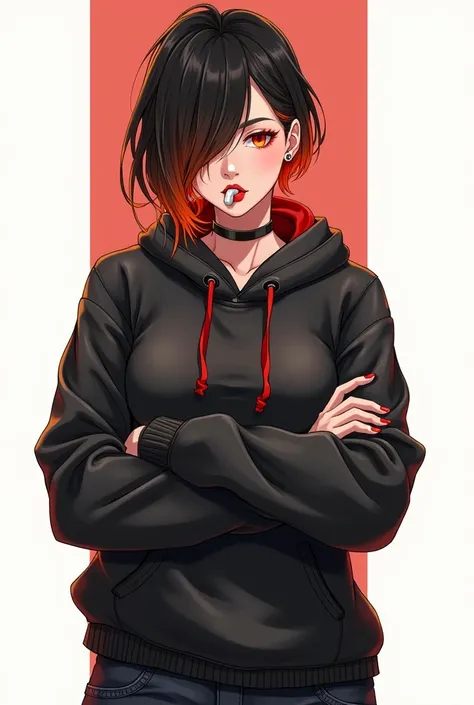 Digital drawing of a young woman, black hair with a streak of orange hair, a black leather sweatshirt with red, orange eyes, red lips, black boots, semi emo, anime style, with a lock of hair covering one eye, chewing gum, crossed arms, Chinese features, sh...