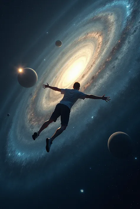 Many galaxies, three black holes, many stars, a person in shorts flying in the vastness of space.