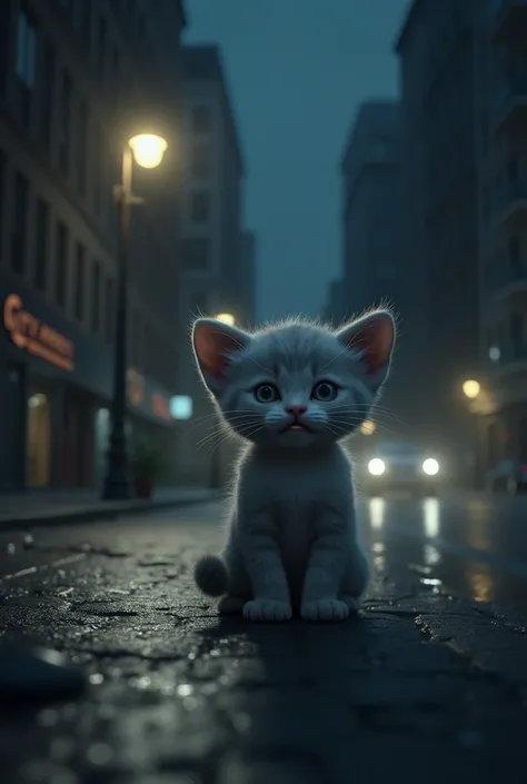 Picture of a small gray kitten crying on the side of a city street at night under a street lamp,crying tears while looking at the direction of traffic