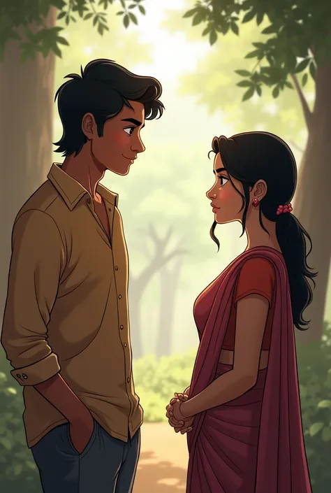 Aryan speaks confidently, encouraging Neha to remain honest with her goals. His face shows warmth and belief in her potential. Neha, though skeptical, starts to look a bit more hopeful, her posture straightening slightly as she listens.