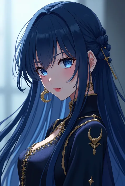 (2-d)(anime:2)20 yo Beautiful anime princess with dark blue hair in black-blue noble dress and golden crescent moon shaped earrings and dark blue eyes with open hairs 