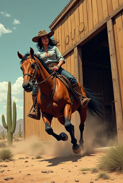 Hyperrealistic comic: the horse jumps flying against the wall of the cantina by the sire, a cowgirl woman riding a horse the horse jumps against the wall of the saloon tearing the wall around desert cactus 