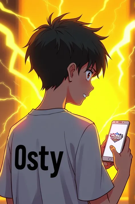 HD image young boy anime gamming sport front view with [yellow lightning back ground] facing back and his shirt writings "ηαρsтєяツ" white MOBILE LEGEND BANG BANG HD image