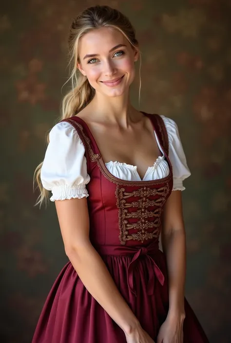 RealisTic upper body porTraiT of a young German blonde woman aged 23 wiTh long hair nTr, ponyTail, lächeln. She poses in fronT of The camera in a shorT shoulder-free burgundy A-line saTin dirndl wiTh an copper lace apron made of meTallic gemusTerTen copper...