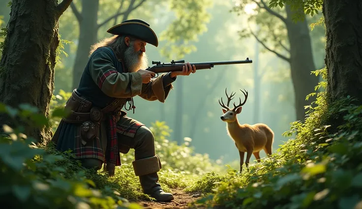 A Scottish pirate hunting a little deer with gun in a beautiful dense forest. Including trees and greenery. The deer is far from the pirate 