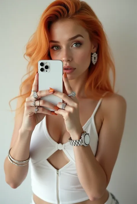 ice spice with, Hazel eyes, Orange hair, Diamond rings and diamond rolex and earrings, White top and y2k shorts, Taking a mirror selfie, White iphone 