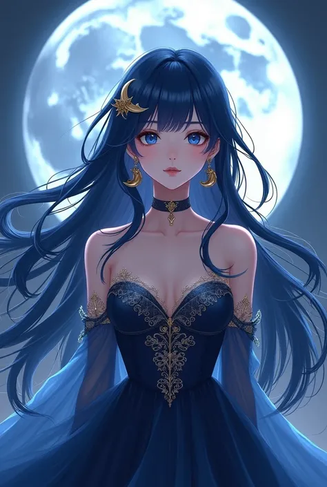 (2-d)(anime:2)25 yo Beautiful anime princess with dark blue hair in black-blue noble dress and golden crescent moon shaped earrings and dark blue eyes with open hairs standing in front of full moon