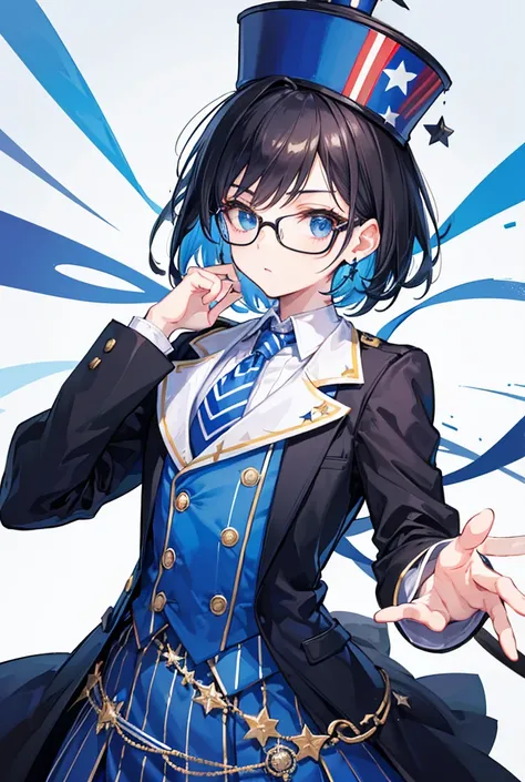 Standing portrait, Central Focus, Centered, Fully in-frame, Solo, Standing still, zoomed out

Gender: boy

Appearance: short black spiky hair, glasses, +earpiece, +blue and white striped suit, +star-patterned necktie, +Uncle Sams top hat, +patriotic outfit